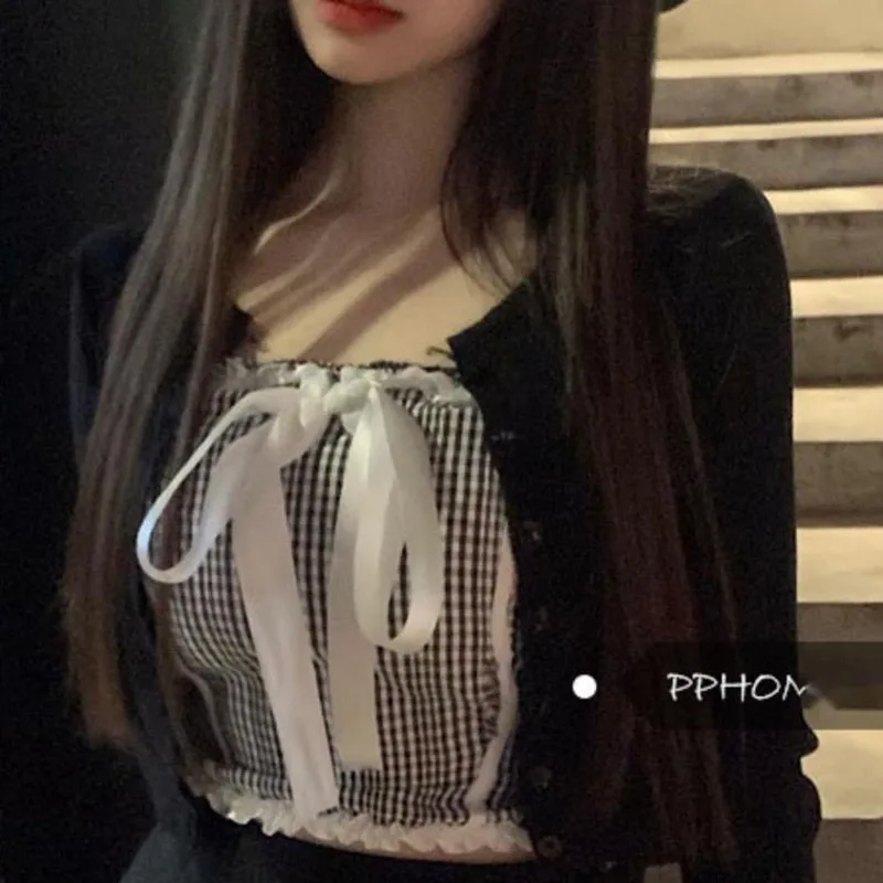 XUXI Women Splicing-Plaid Bow Tube Top T-shirt Single-breasted Knit Short Cardigan Summer 2021 E1250
XUXI Women Splicing-Plaid Bow Tube Top T-shirt Single-breasted Knit Short Cardigan Summer 2021 E1250