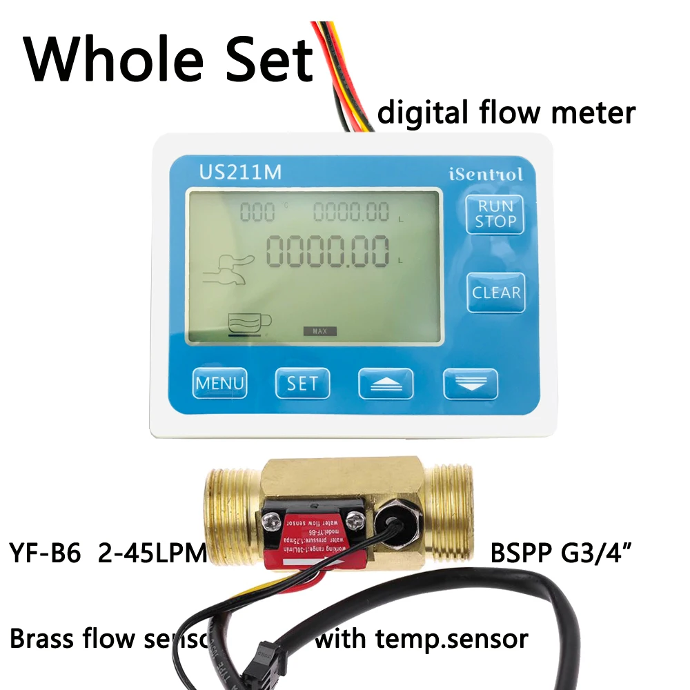 

US211M Water Flow Meter and YF-B6-T Hall Water Flow Sensor Brass G3/4" 2-45L/min DC 24V Turbine Flowmeter with NTC50K Temperatur