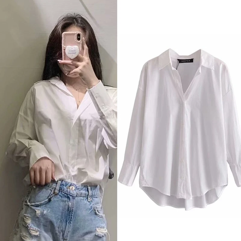 

Za Women 2021 Blouse Fall Lapel Long Sleeve Cardigan Solid Color Loose Poplin Elegant Shirts blusas chemises femme Shein zarina