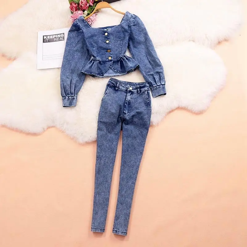 Women 2021 Spring Summer Short Sleeve Jeans Coat+Pants Sets Female Single Breasted Jackets Denim Pencil Pant Suits for Lady B190
Women 2021 Spring Summer Short Sleeve Jeans Coat+Pants Sets Female Single Breasted Jackets Denim Pencil Pant Suits for Lady B190
