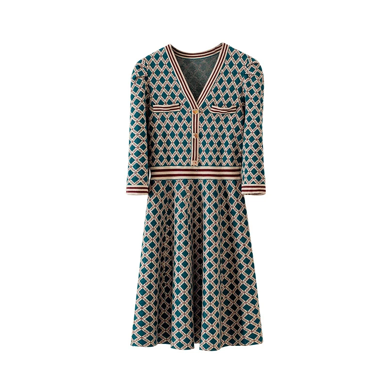 Ladies elegant button spring and autumn plaid green dress vintage high quality ladies knitted evening dress Vestido Navidad Muje
Ladies elegant button spring and autumn plaid green dress vintage high quality ladies knitted evening dress Vestido Navidad Muje