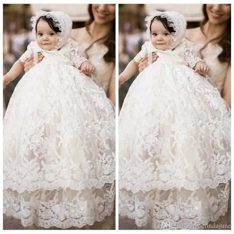 

2021 Baby First Communion Dresses Vintage Lace Christening Gowns Long Sleeves Ivory White Tiered Babies Baptism Party Gowns Lace