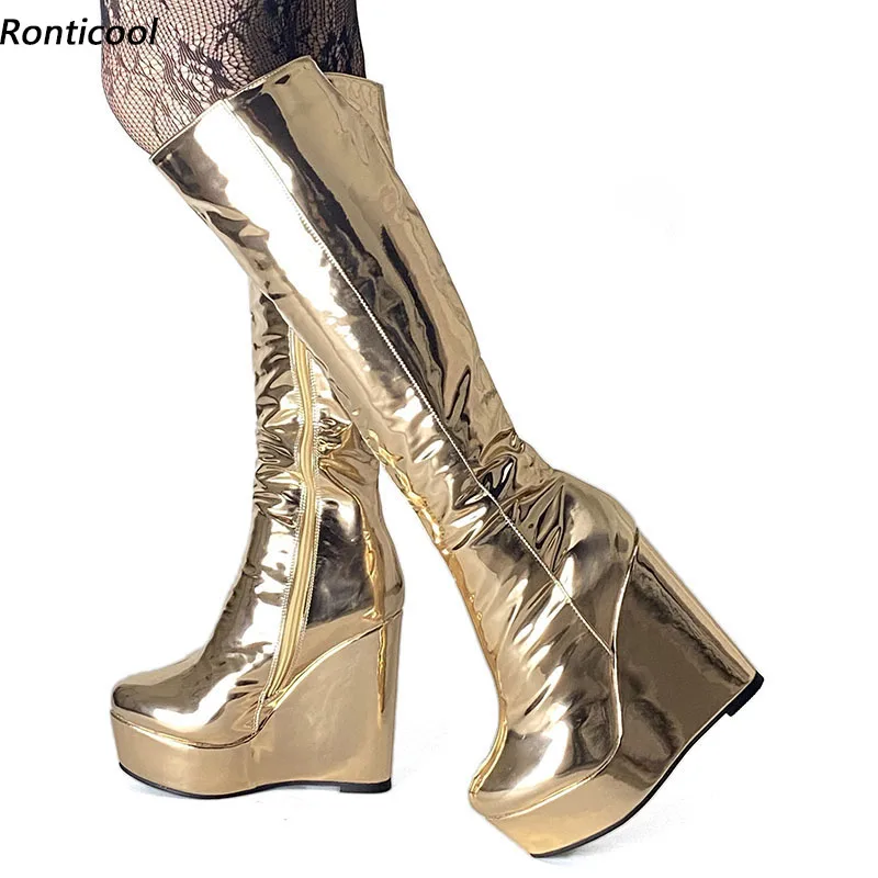 

Ronticool 2021 Women Winter Knee Boots Wedges High Heels Round Toe Gorgeous Gold Champagne Silver Party Shoes Plus US Size 5-20