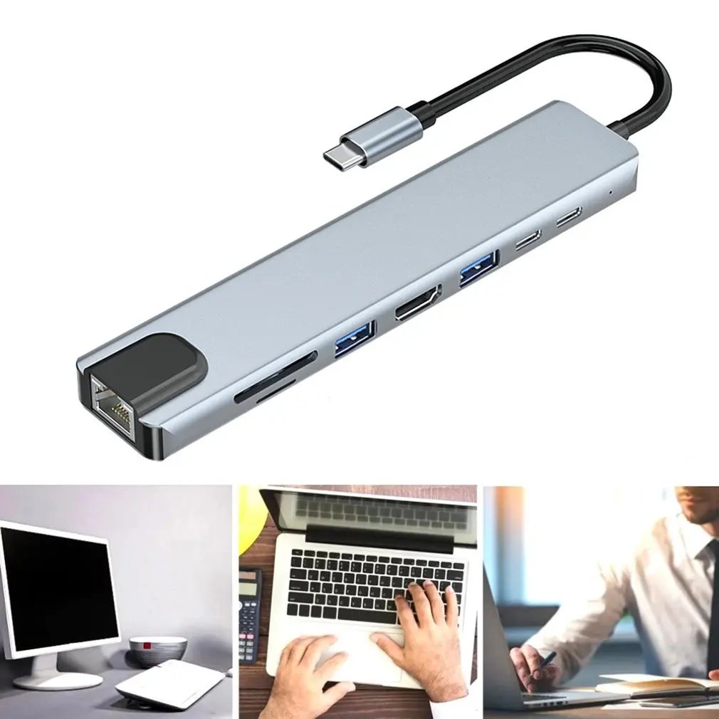 

Док-станция 8-в-1 с разъемом Type-C на 4K HDMI, док-станция для ноутбука, сетевая карта PD, концентратор для быстрой зарядки USB Type-C, адаптер для MacBook