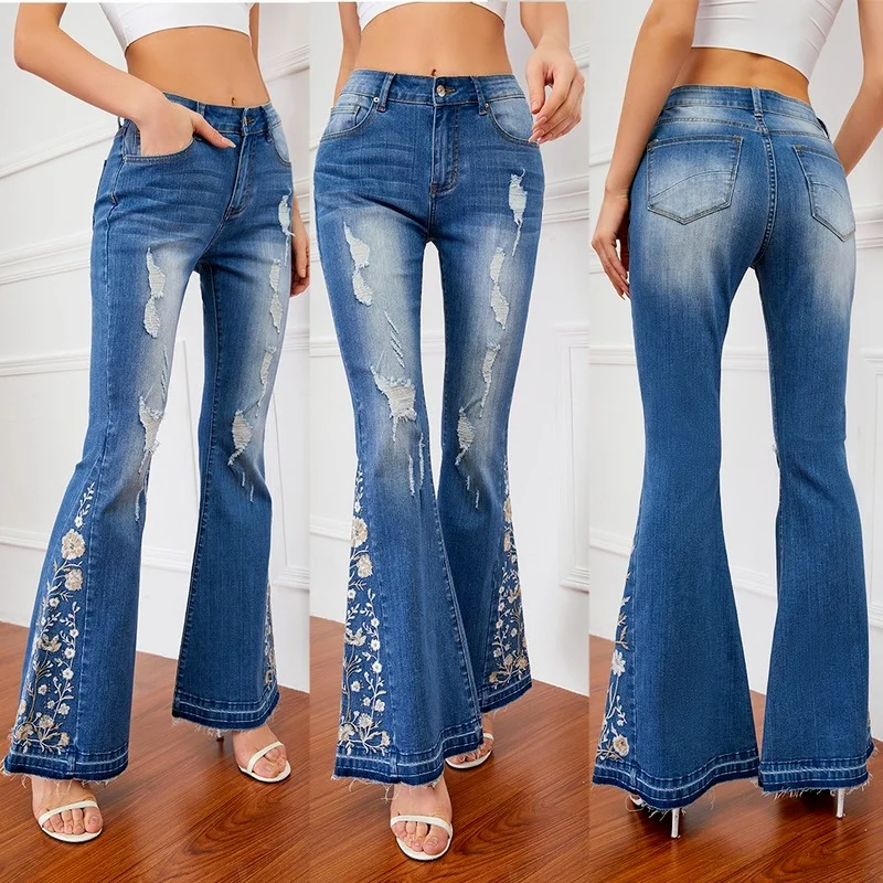 

Flared Jeans Women's Three-Dimensional 3D Embroidered Women's Mid-Waist Jeans Trousers Bell-Bottom Pants