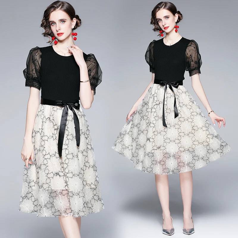 Summer Dress Women 2021 New Office Lady French Style Knitting Patchwork Short Sleeve Chiffon Lace Embroidery High Waist Dresses
Summer Dress Women 2021 New Office Lady French Style Knitting Patchwork Short Sleeve Chiffon Lace Embroidery High Waist Dresses