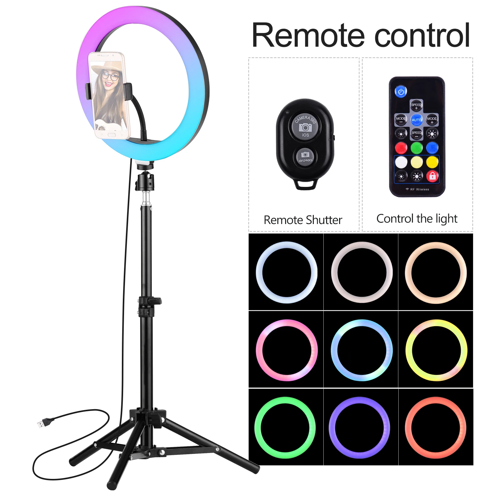 10 дюймовый светодиодный кольцевой светильник RGB Цвет 3000-6000K плавное диммируемая лампа для фотосъемки комплект со штативом Телефон Держател... 
10 дюймовый светодиодный кольцевой светильник RGB Цвет 3000-6000K плавное диммируемая лампа для фотосъемки комплект со штативом Телефон Держател...