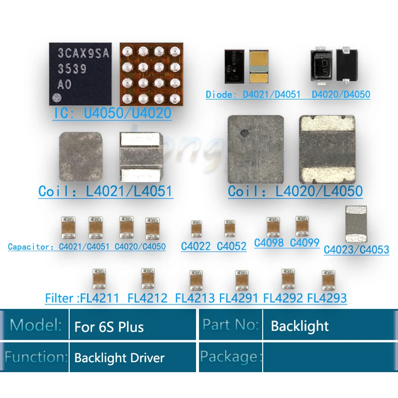 5sets/lot LED backlight fix kit Driver for iphone 6s plus IC U4050 + Coil L4050 L4051 +Diode D4050 D4051+Capacitor C4053 C4098
5sets/lot LED backlight fix kit Driver for iphone 6s plus IC U4050 + Coil L4050 L4051 +Diode D4050 D4051+Capacitor C4053 C4098