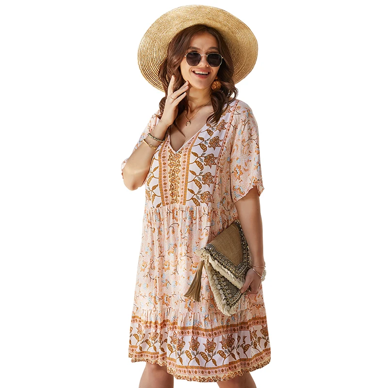 Casual 2021 Summer Women's Dress 4XL Plus Size Bohemian Loose Print Splicing MIDI Short Sleeves High Waist V-Neck A-Word Dress
Casual 2021 Summer Women's Dress 4XL Plus Size Bohemian Loose Print Splicing MIDI Short Sleeves High Waist V-Neck A-Word Dress