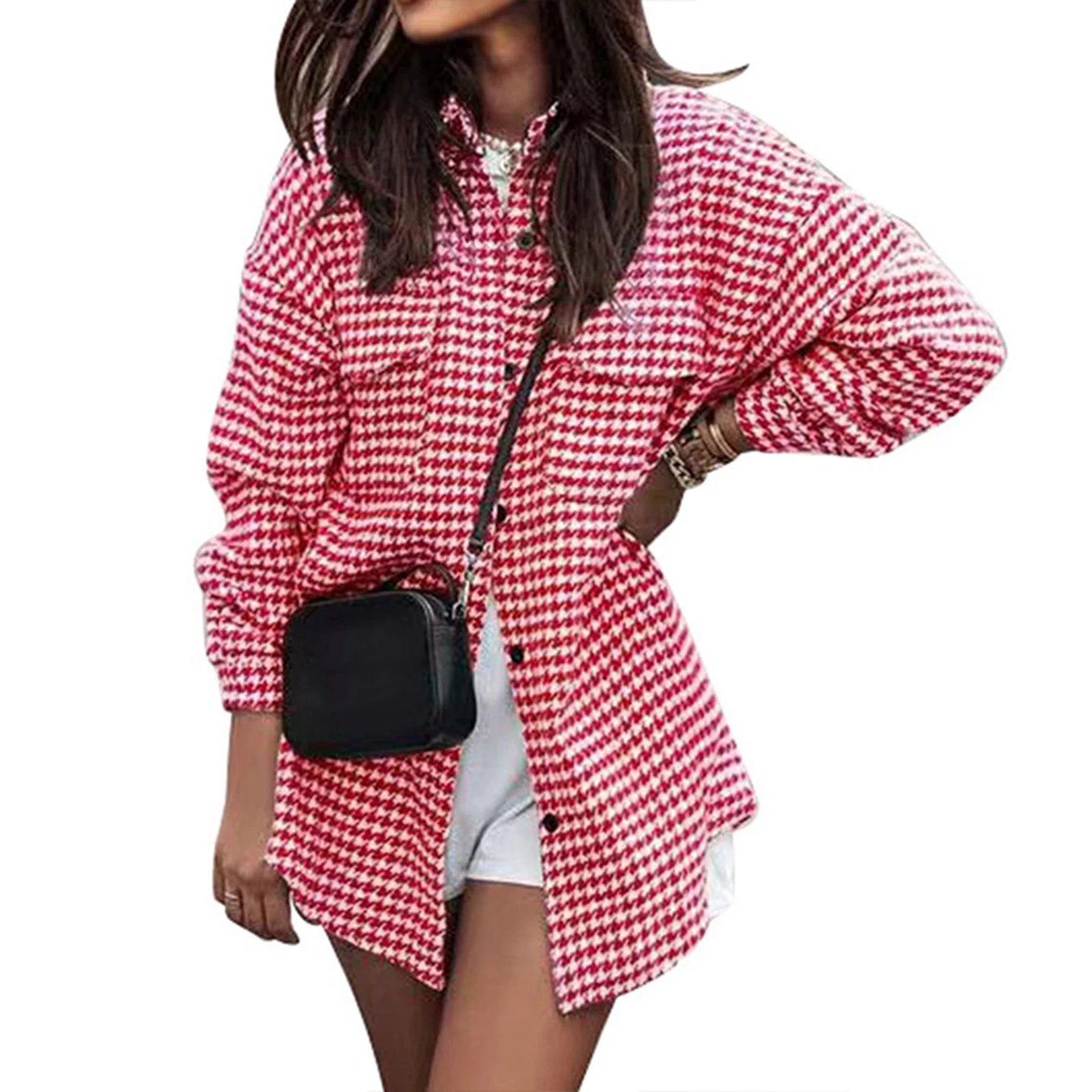 Spring Autumn Women Long Sleeve Loose Shirt Ladies Leisure Style Lapel Houndstooth Blouse Tops Single-breasted Coat
Spring Autumn Women Long Sleeve Loose Shirt Ladies Leisure Style Lapel Houndstooth Blouse Tops Single-breasted Coat