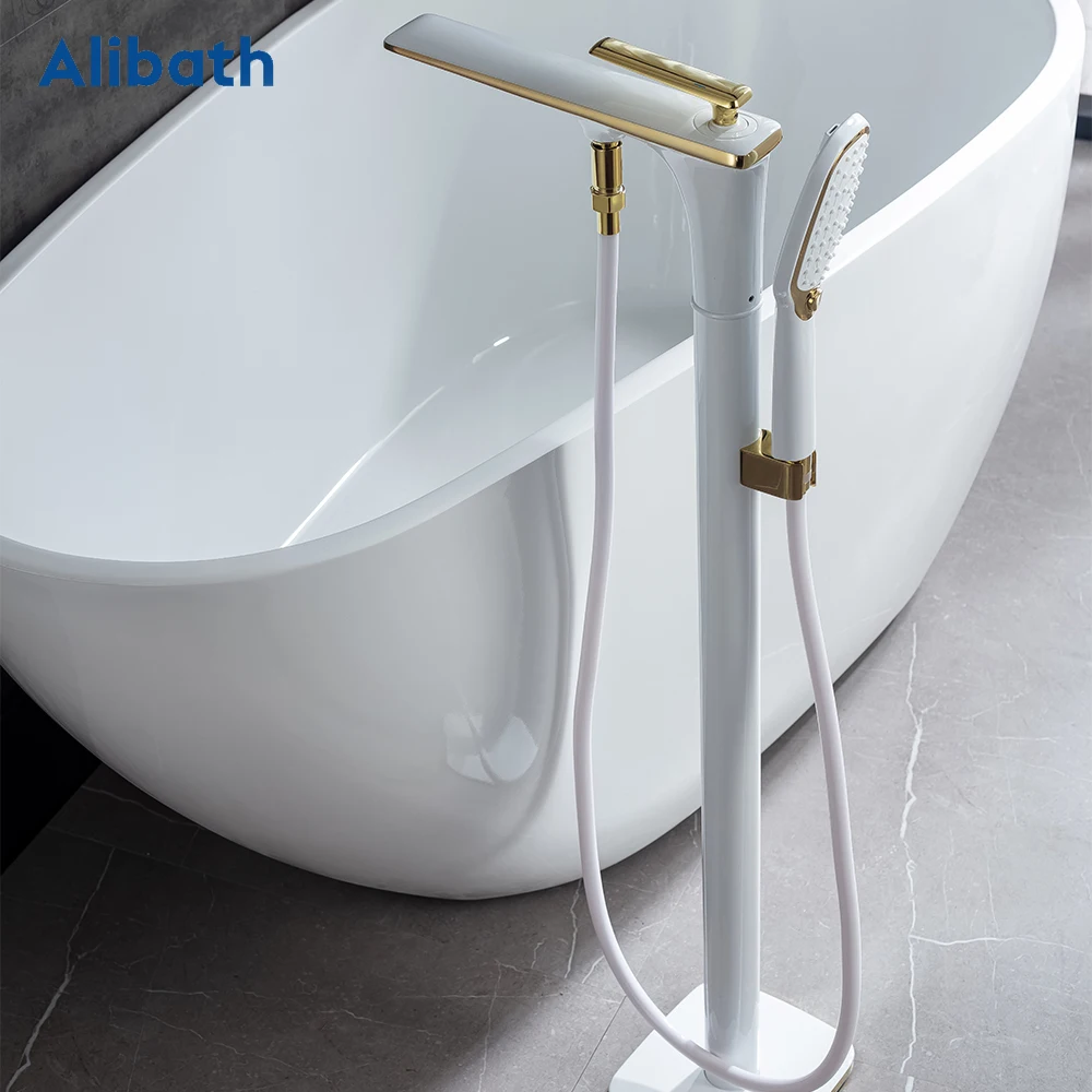 

Gold Brass Floor Stand Bath Faucets Bathtub Hot Cold Water Mixer Flooring Faucet Black / Chrome/White Finished.