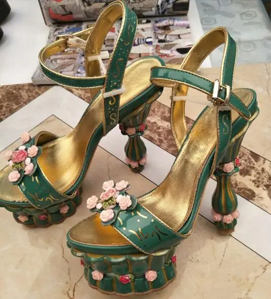 

Newest Cake Heel Rose Flower Platform Sandals Flowerpot Heels Wedding High Heels Women Peep Toe Ankle Strap Princess Girl Shoes