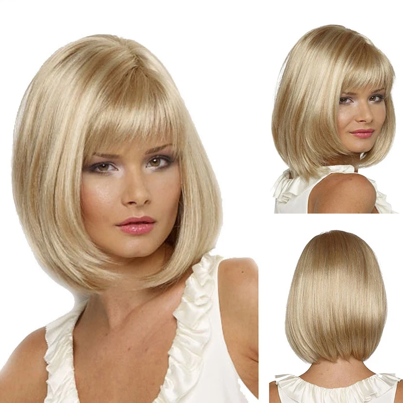 

Women Short Blonde Bob Straight Wig Synthetic Wig With Bang Nature Looking Wig Heat Resistant Fiber For Women Daily Party Use