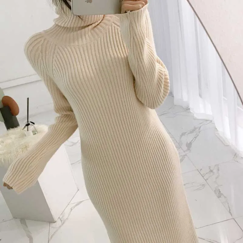One-Piece Woman Knitted Sweater Dress Korean Long Sleeve Turtleneck Knit Sweater Dress Women Autumn Winter Midi Dresses 2021
One-Piece Woman Knitted Sweater Dress Korean Long Sleeve Turtleneck Knit Sweater Dress Women Autumn Winter Midi Dresses 2021