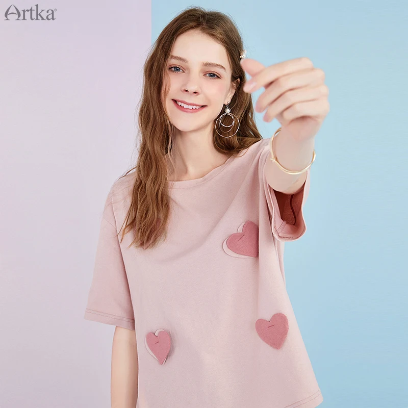 Женская футболка с круглым вырезом ARTKA розовая свободная укороченная коротким