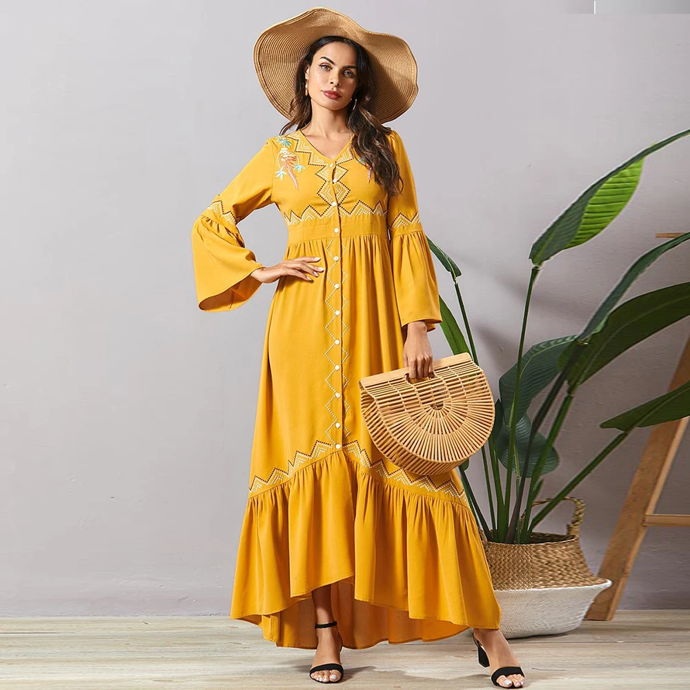 Flare Sleeve Asymmetry Ruffle Hem Boho Dresses yellow Ethnic Geometric Embroidered Maxi Dress Single-breasted V Neck
Flare Sleeve Asymmetry Ruffle Hem Boho Dresses yellow Ethnic Geometric Embroidered Maxi Dress Single-breasted V Neck