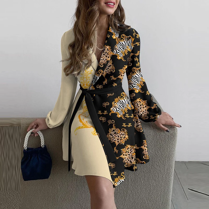 Women Casual Elegant Dress 2021 Autumn Fashion Long Sleeve Turn-down Belt Splice Print Sexy Lady Mini Dress Vintage Party Dress
Women Casual Elegant Dress 2021 Autumn Fashion Long Sleeve Turn-down Belt Splice Print Sexy Lady Mini Dress Vintage Party Dress