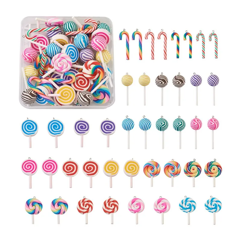 

pandahall 42pcs/box Polymer Clay Pendants Charm Cute Lollipop Candy with Iron Loops for Jewelry Making DIY Keychain Earring