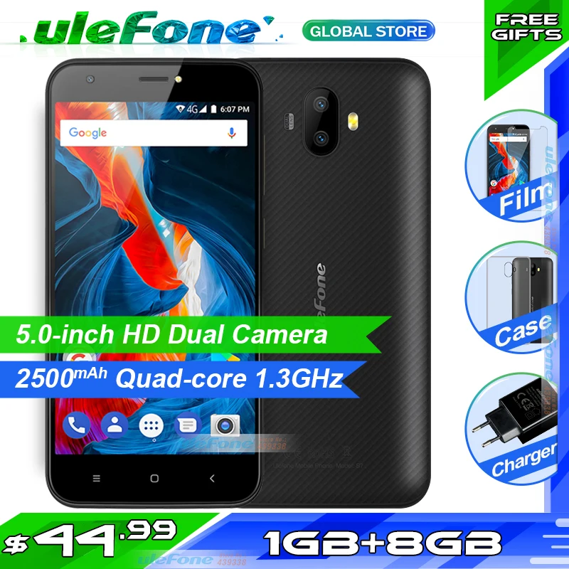 Ulefone S7 смартфон с 5 дюймовым дисплеем четырёхъядерным процессором MTK6580 ОЗУ 8 Гб ПЗУ
