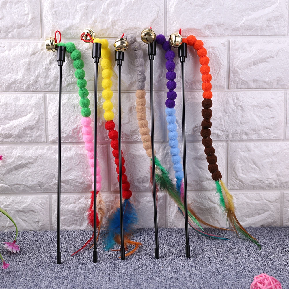 

1pc Pet Cat Interactive Toys Cat Teasing Stick Colorful Pompom Feather Wand Funny Rainbow Kitten Teaser Rod Training Supplies