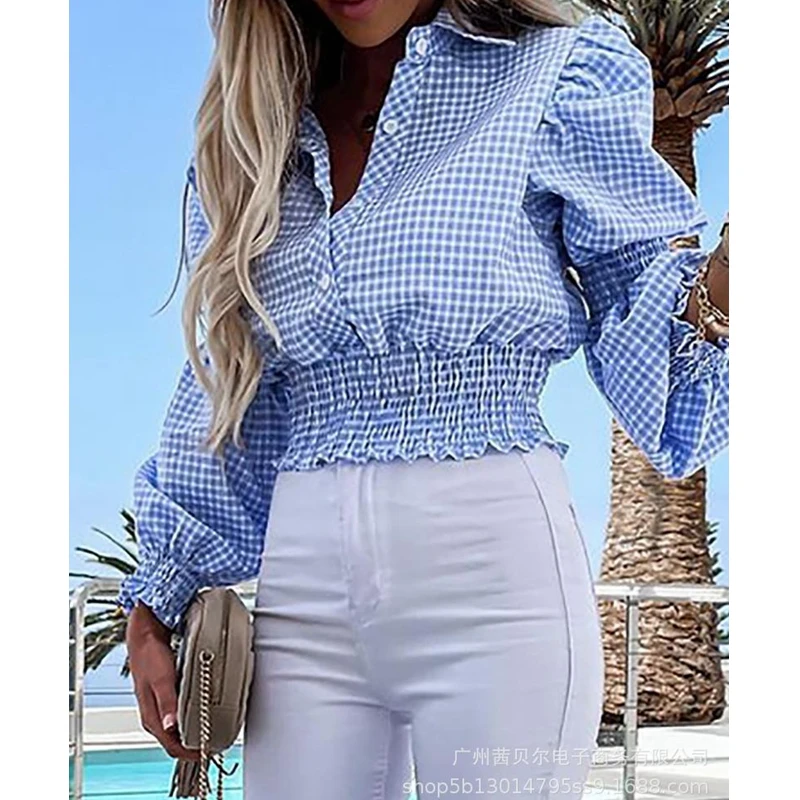 WEPBEL T-shirt Summer Lantern Sleeve Single-Breasted Pleated Turn-down Collar T-shirt Women's Plaid Print Loose Shirt T-shirt
WEPBEL T-shirt Summer Lantern Sleeve Single-Breasted Pleated Turn-down Collar T-shirt Women's Plaid Print Loose Shirt T-shirt