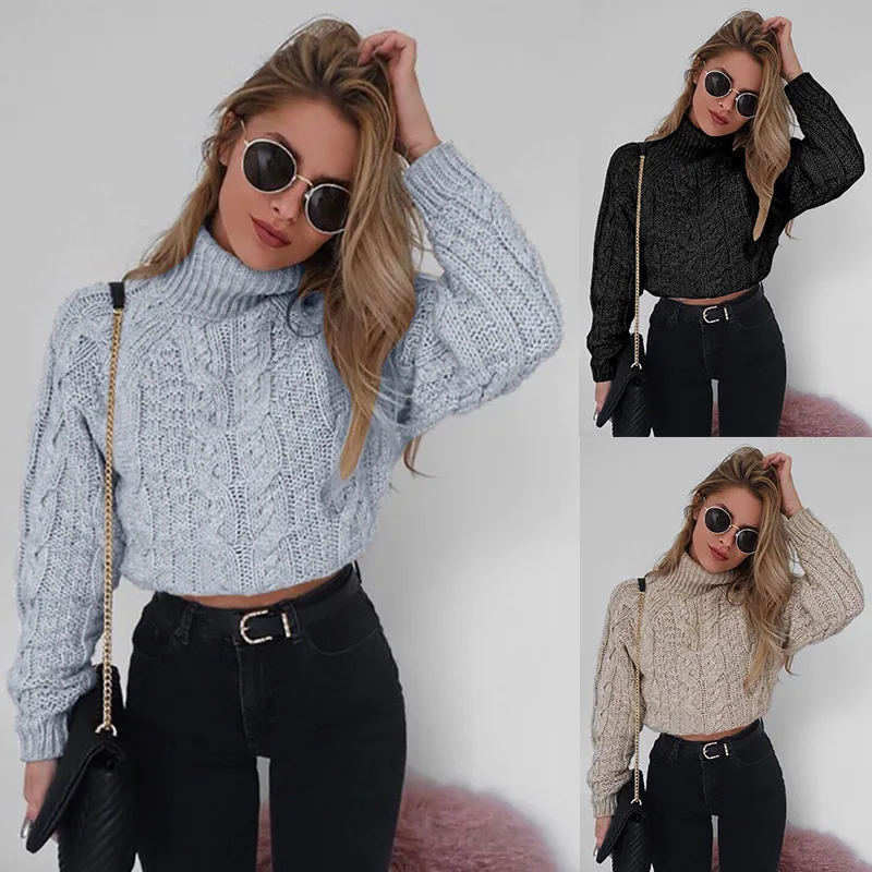 

Solid Color Knitted Women's Sweater Midriff-Baring Sexy Elegant Female Pullover Loose Full Sleeve Turtleneck Jumpers Short Tops