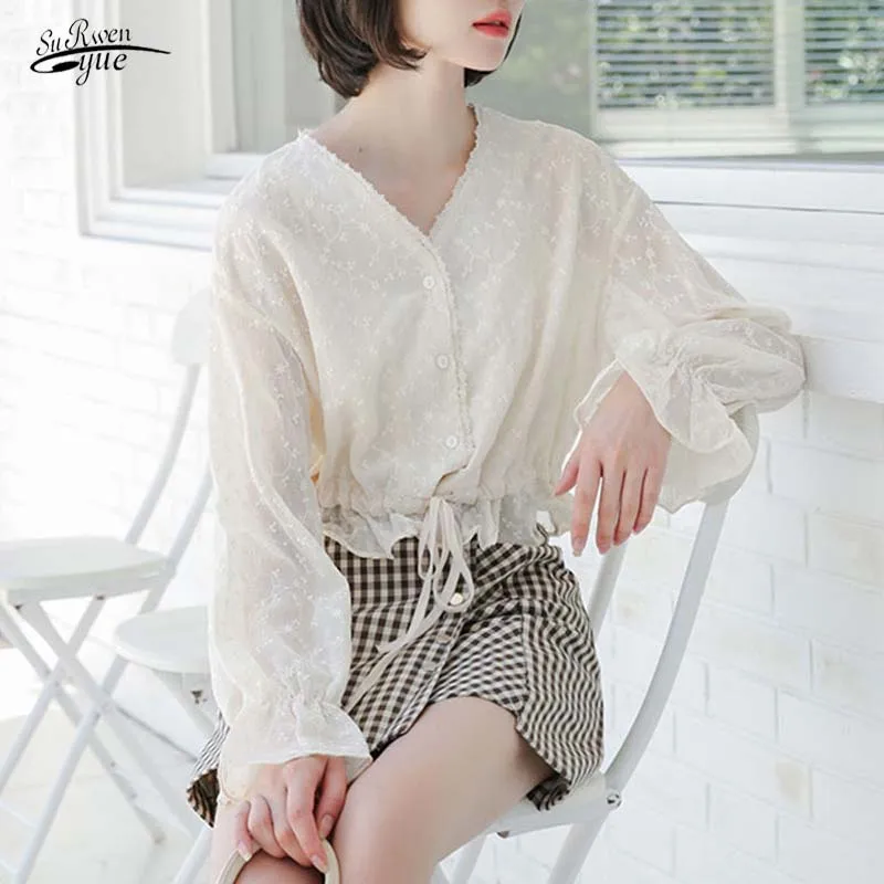 Sunscreen top autumn new style Korean embroidered lace top female V-neck casual lace-up slim shirt flower long-sleeved 15706
Sunscreen top autumn new style Korean embroidered lace top female V-neck casual lace-up slim shirt flower long-sleeved 15706