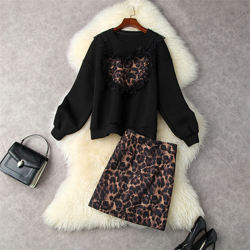 Autumn Winter Sexy Club Outfits Women Black Lace Heart Space Cotton Hoodies Loose Tops + Leopard Mini Skirt Casual Two Piece Set 
Autumn Winter Sexy Club Outfits Women Black Lace Heart Space Cotton Hoodies Loose Tops + Leopard Mini Skirt Casual Two Piece Set