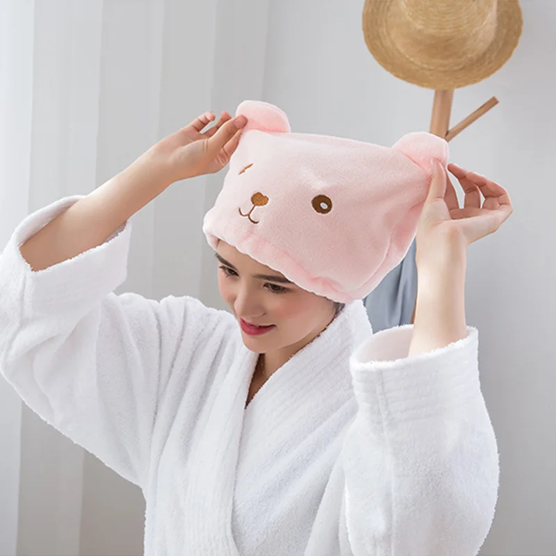 Cartoon Bear thickened coral hair cap microfiber super absorbent quick drying Headband hair bonnet 
Cartoon Bear thickened coral hair cap microfiber super absorbent quick drying Headband hair bonnet
