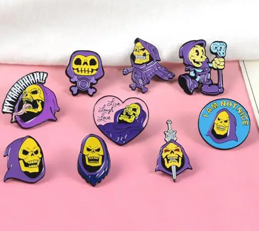 9 стилей Skeletor фиолетовый капюшон эмалированная булавка мастера Вселенной значок