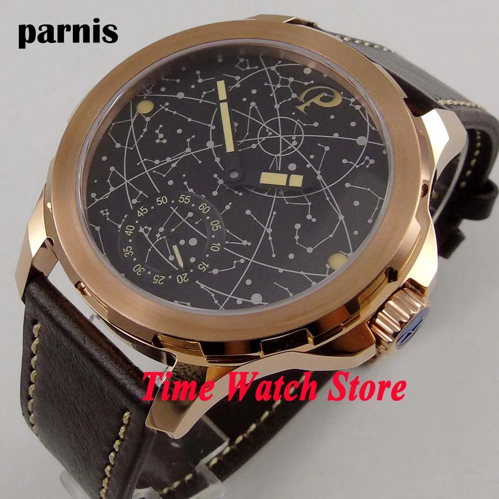 

44mm Parnis gold case sapphire glass black constellation luminous 17 jewels 6498 hand winding movement men's watch men 915