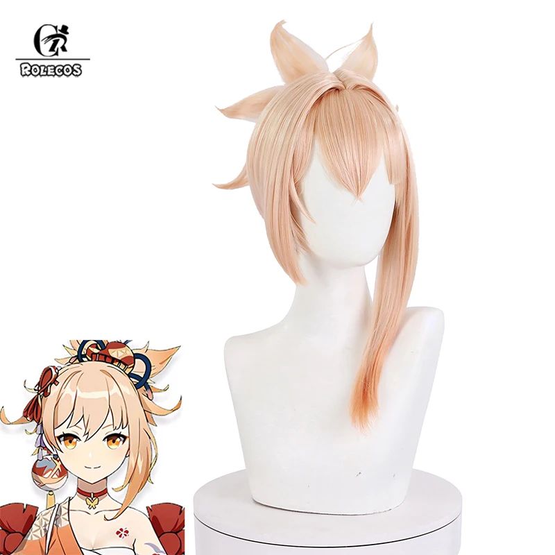 

ROLECOS Game Genshin Impact Yoimiya Cosplay Wig 25cm Blonde Wig with Ponytails Heat Resistant Synthetic Hair