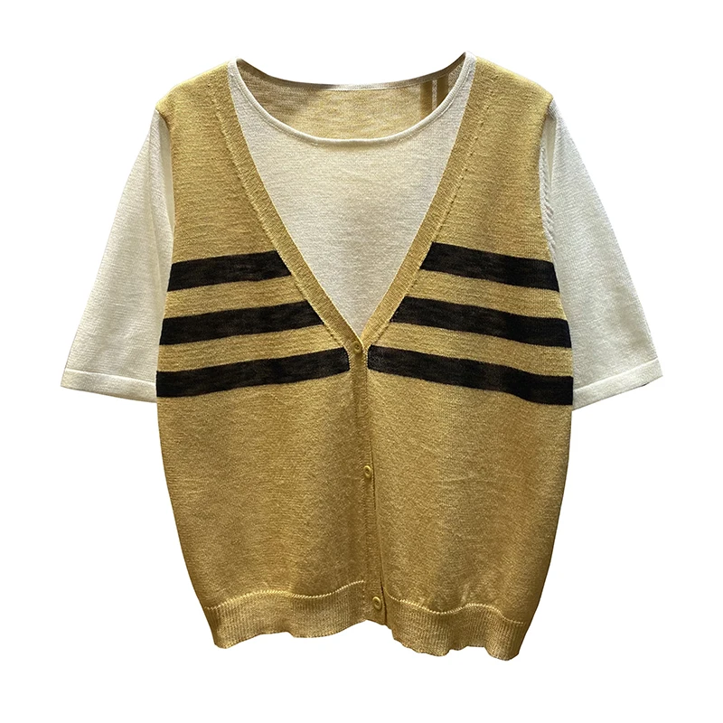 Summer Korean Style Simple Western Style V-Shaped round Neck Pullover Short Sleeve Knitwear for Women Loose Striped T-shirt Thin
Summer Korean Style Simple Western Style V-Shaped round Neck Pullover Short Sleeve Knitwear for Women Loose Striped T-shirt Thin