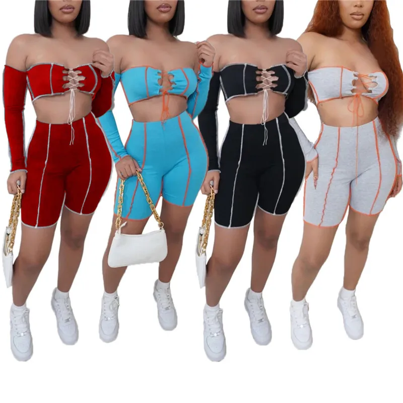 hirigin Off Shoudler Slash Neck 2 Pieces Women Suits Long Sleeve Hollow Out Lace-up T-shirt High Waist Biker Shorts Bottoms 2021
hirigin Off Shoudler Slash Neck 2 Pieces Women Suits Long Sleeve Hollow Out Lace-up T-shirt High Waist Biker Shorts Bottoms 2021