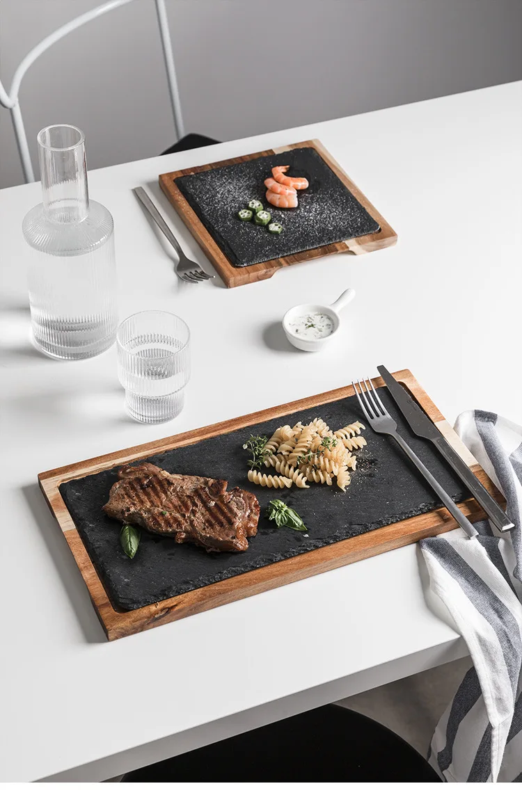 Solid wood snack plate wooden tray black slate plate creative new Chinese tableware western slate wood double platter 
Solid wood snack plate wooden tray black slate plate creative new Chinese tableware western slate wood double platter