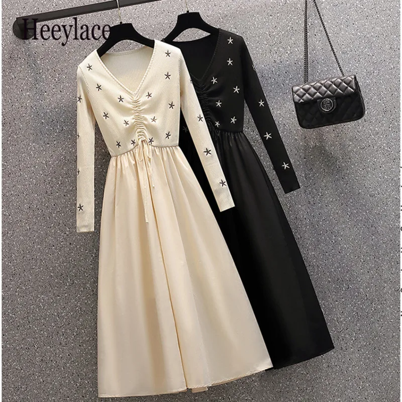 Plus Size Dress 2021 Fall Winter Long Sleeve Draped Knitted Dresses French Vintage Stars Embroidery High Waist A-line Vestidos
Plus Size Dress 2021 Fall Winter Long Sleeve Draped Knitted Dresses French Vintage Stars Embroidery High Waist A-line Vestidos