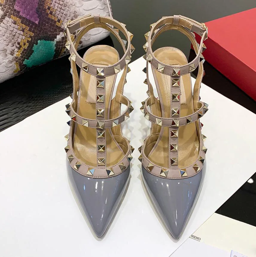 

2021new Woman Shoes High Heels Sexy Sandal with Rivets 6cm 8cm 10cm Thin Heel Pointed Sandals V Brand Classics Wedding Shoes and