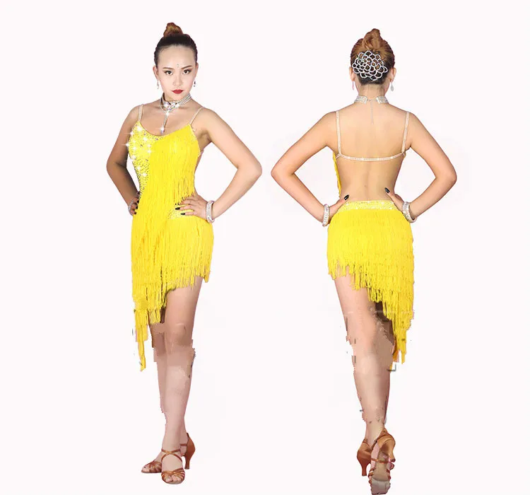 New Latin Dance Dress Women Competition Costumes Custom Practice Skirts Shining Crystal Yellow Thick Fringed Dresses | Тематическая