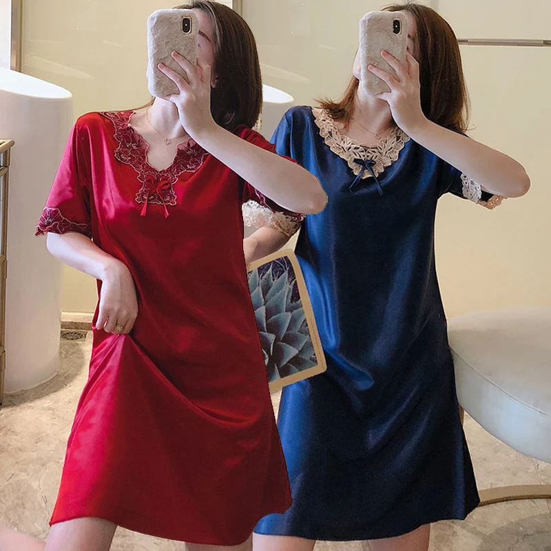 2020 Summer Short Sleeve Sexy Silk Satin Lace V-neck Nightgowns for Women Night Dress Sleepwear Nightdress Nightwear Home Nighty
2020 Summer Short Sleeve Sexy Silk Satin Lace V-neck Nightgowns for Women Night Dress Sleepwear Nightdress Nightwear Home Nighty