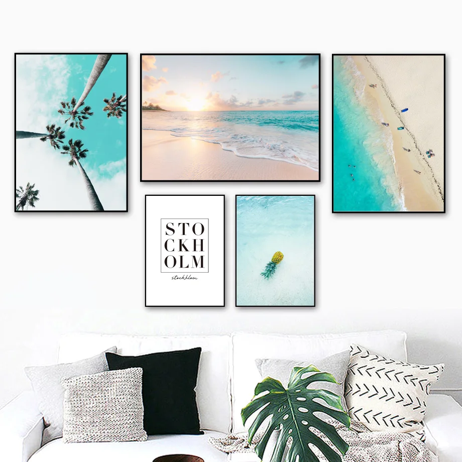 

sea beach Palm Tree Quotes Seascape Wall Art Canvas Painting Nordic Posters And Prints Wall Pictures For Living Room Home Decor