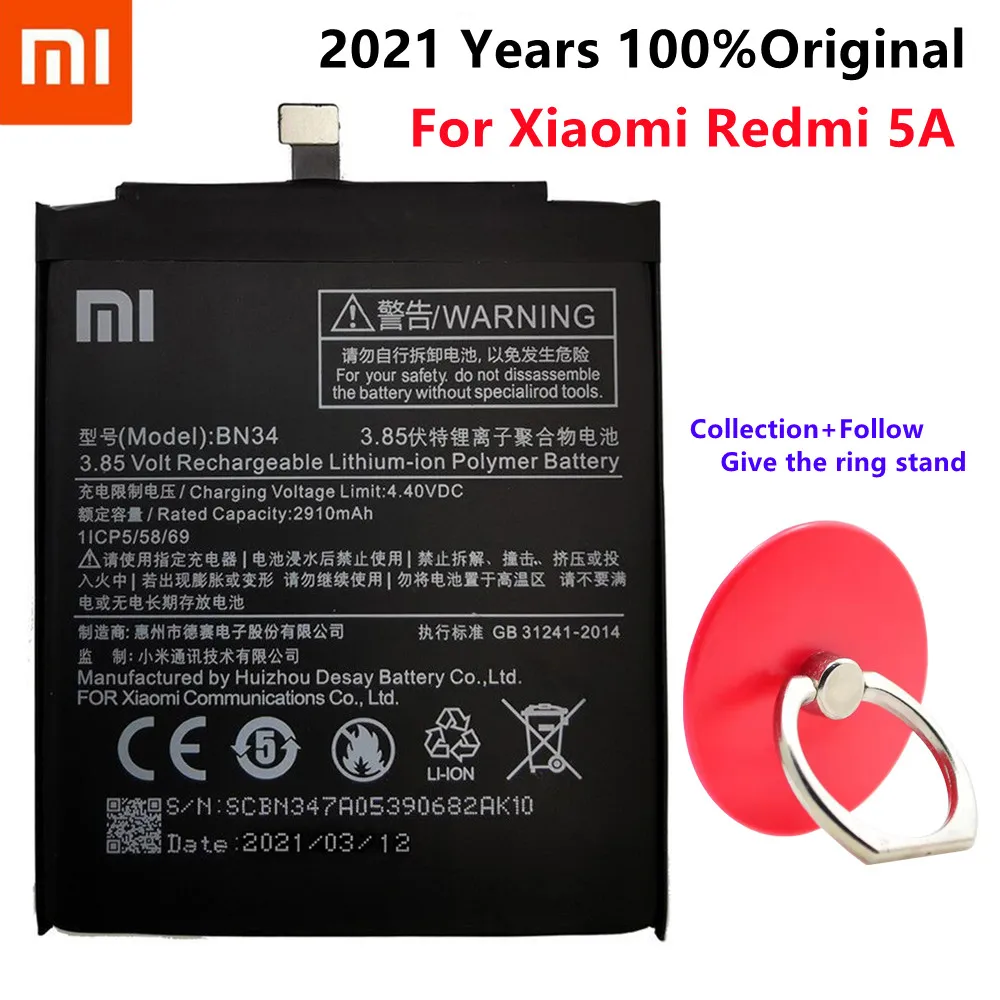 Xiaomi original Battery BN34 For Redmi 5A 5.0" Replacement Large-Capacity Mobile Phone Collection + Follow The Gift Ring Holder 
Xiaomi original Battery BN34 For Redmi 5A 5.0" Replacement Large-Capacity Mobile Phone Collection + Follow The Gift Ring Holder