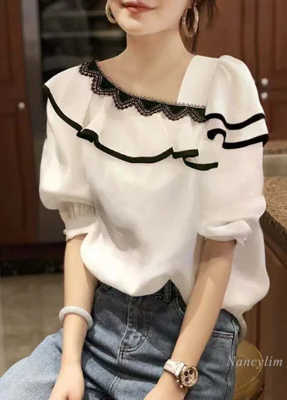 Lace Stitching Irregular V Collar Shirt for Women 2021 Spring New Ruffled Long Sleeve White Blouses Et Chemises Blusas Femme
Lace Stitching Irregular V Collar Shirt for Women 2021 Spring New Ruffled Long Sleeve White Blouses Et Chemises Blusas Femme