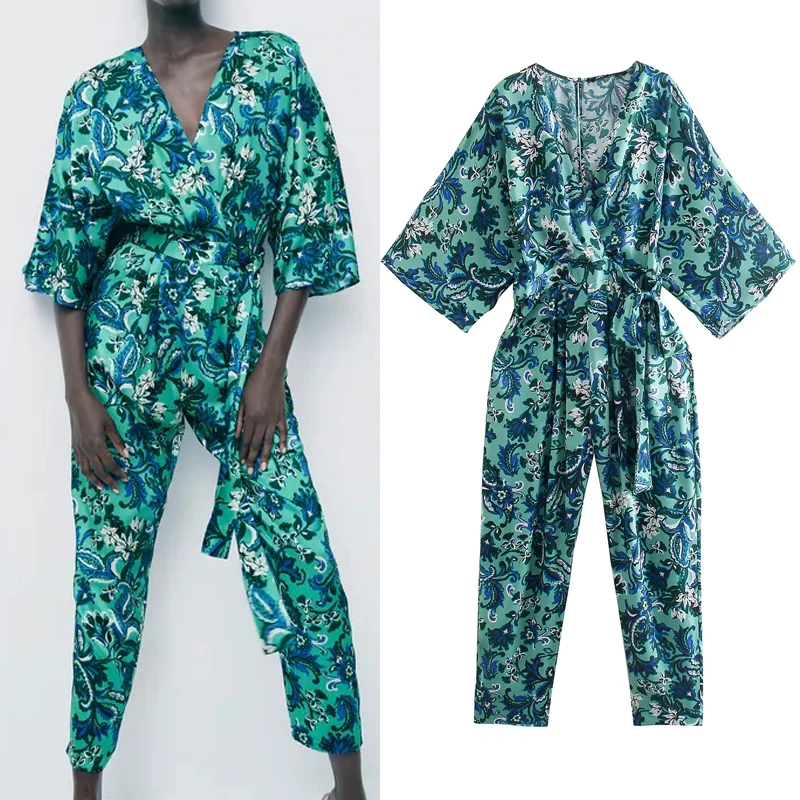 

Za 2021 Floral Long Jumpsuit Woman Summer Blue Print Jumpsuit Women Overalls Fashion Tied Loose Casual Rompers Playsuits