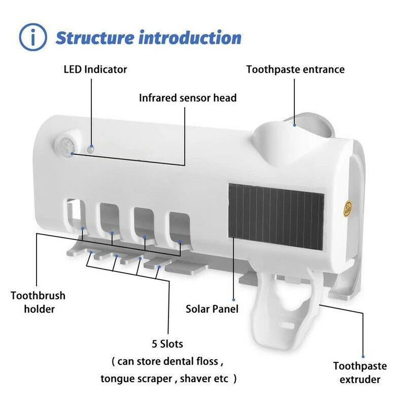 Toothbrush Holder Toothpaste Dispenser Solar Energy Bathroom Toothbrush Storage Box Multi-function Storage Holder USB Charge
Toothbrush Holder Toothpaste Dispenser Solar Energy Bathroom Toothbrush Storage Box Multi-function Storage Holder USB Charge