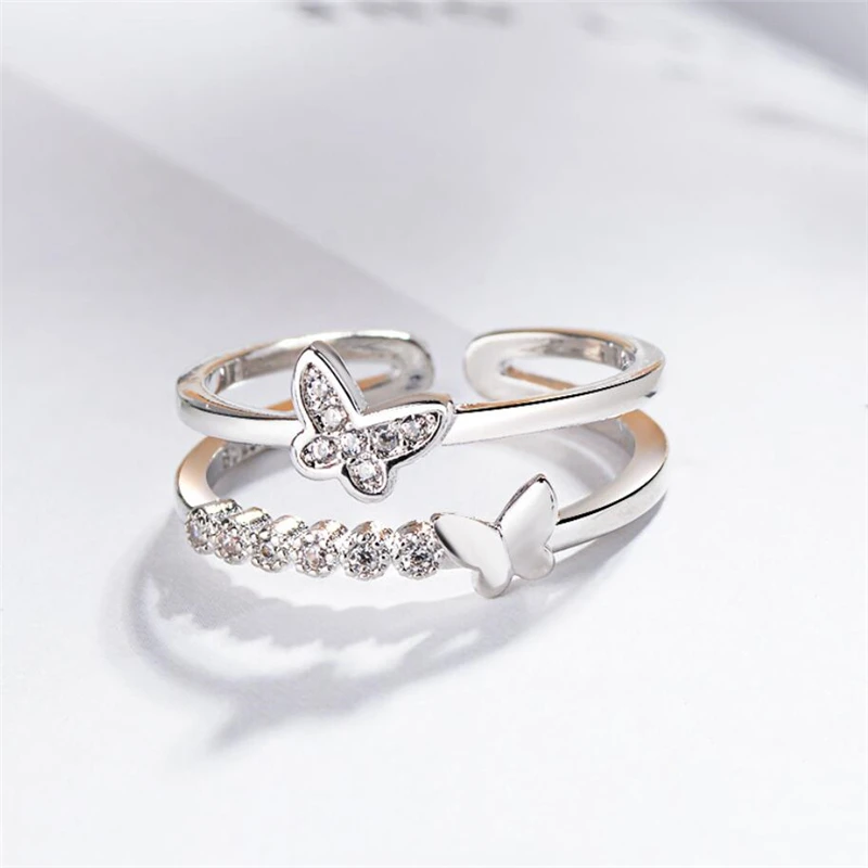 

Sole Memory Double Layer Shiny Cute Butterfly Silver Color Female Resizable Opening Rings SRI950
