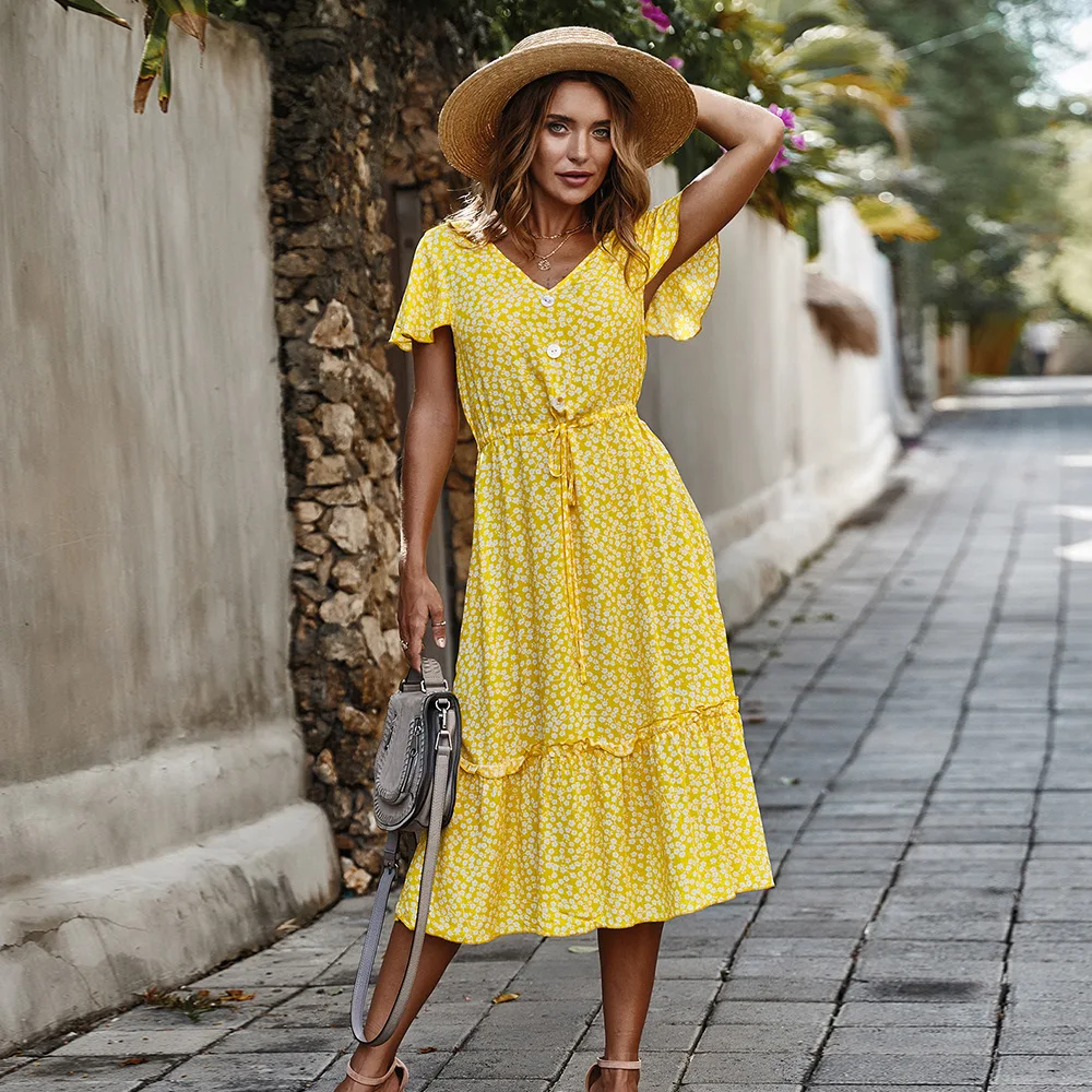 2021 Women Dresses Boho Floral Ruffle Casual Sexy V-neck New Long Dress Vestidos Yellow Sundress Holiday Robe for Women
2021 Women Dresses Boho Floral Ruffle Casual Sexy V-neck New Long Dress Vestidos Yellow Sundress Holiday Robe for Women
