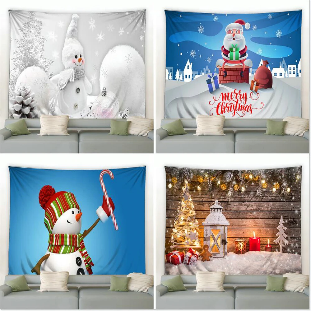 

Christmas Tapestry Funny Santa Claus Snowman Xmas Balls Gifts Fireplace Snowflakes Home Decor Wall Hanging for Dorm Living Room