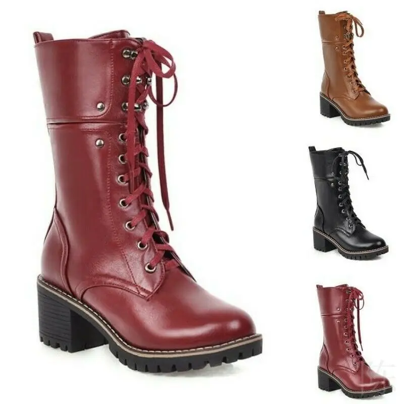 Motorcycle Womens Mid Calf Boots Chunky Heels Lace up Casual Biker Shoes 34-39
Motorcycle Womens Mid Calf Boots Chunky Heels Lace up Casual Biker Shoes 34-39
