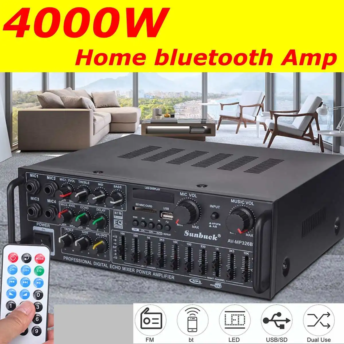 Bluetooth HIFI Amplificador High Resolution Audio Play Subwoofer Mixing Mixer Amplifier Power Amplifier Audio USB SD With Remote
Bluetooth HIFI Amplificador High Resolution Audio Play Subwoofer Mixing Mixer Amplifier Power Amplifier Audio USB SD With Remote