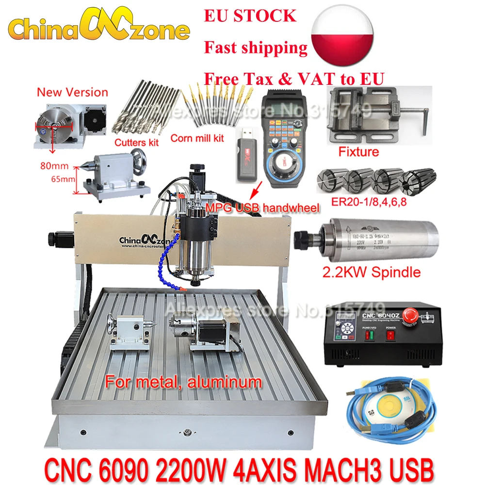 

Запасов ЕС ЧПУ 6090 маршрутизатор резки металла гравировальный станок USB 4 оси 2200 Вт водяного охлаждения резьба машины PCB фрезерный станок для ...